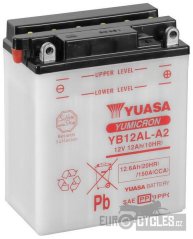 motobaterie 12V, YB12AL-A2, 12,6Ah, 150A, konvenční YUMICRON 134x80x160, YUASA originál (vč. balení elektrolytu)