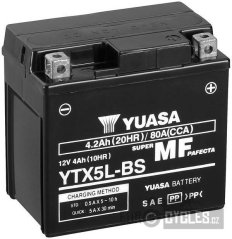 motobaterie 12V, YTX5L-BS, 4,2Ah, 80A, bezúdržbová MF AGM 115x72x107, YUASA originál (vč. balení elektrolytu)