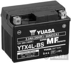 motobaterie 12V, YTX4L-BS, 3,2Ah, 50A, bezúdržbová MF AGM 114x71x86, YUASA originál (vč. balení elektrolytu)